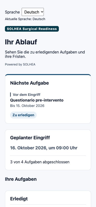 Echte Patient-Oberfläche mit nächster Aktivität, geplantem Datum und abgeschlossenen Aktivitäten des Demo-Journeys.