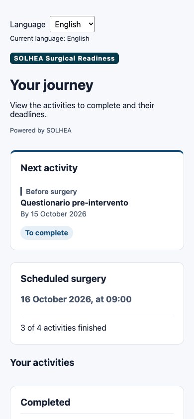 Actual Patient frontend with the next activity, scheduled date and completed demo journey activities.