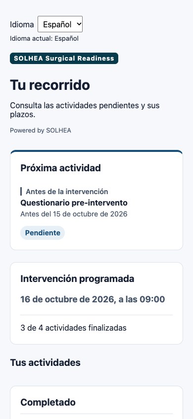 Frontend real de Patient con próxima actividad, fecha programada y actividades completadas del journey de demostración.