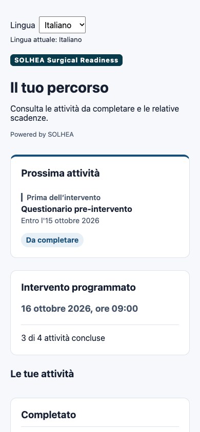 Frontend Patient reale con prossima attività, data programmata e attività completate del percorso demo.
